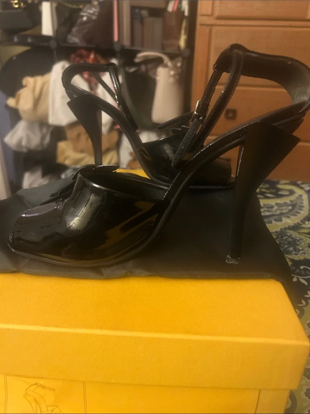 Fendi Black Patent Leather Floral Ankle-Strap Heels